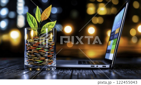 Green Plant Growing from Jar of Coins Next to Laptop at Night 122455043