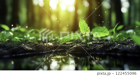 Fresh Green Plants Growing in Soft Earth Near Calm Water Source 122455096