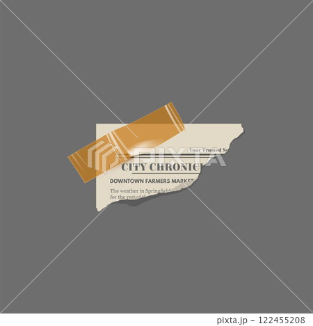 Torn newspaper corner piece glued with adhesive tape, vector clipping sheet, vintage photocopy ripped magazine fragment 122455208