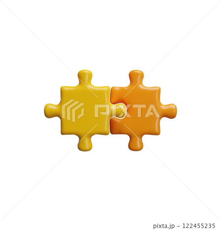 3D yellow and orange jigsaw puzzle two pieces connected, assembly jigsaw part, vector problem solving, success strategy 3D yellow and orange jigsaw puzzle two pieces connected, assembly jigsaw part, vector problem solving, success strategy 122455235