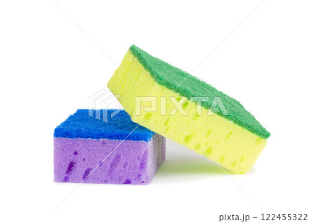 Multicolored sponges for cleaning, isolated on white background. Sponges for dishwashing Multicolored sponges for cleaning, isolated on white background. Sponges for dishwashing 122455322