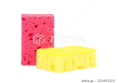 Multicolored sponges for cleaning, isolated on white background. Sponges for dishwashing 122455323