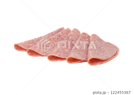 Sausage boiled and smoked Servelat Grainy on a light background. 122455367