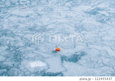 一枚の落ち葉と凍った湖面 122455437