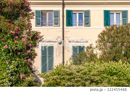 Facade of an old house in Lazise town on shore of Lake Garda, Italy, Europe. Facade of an old house in Lazise town on shore of Lake Garda, Italy, Europe. 122455488