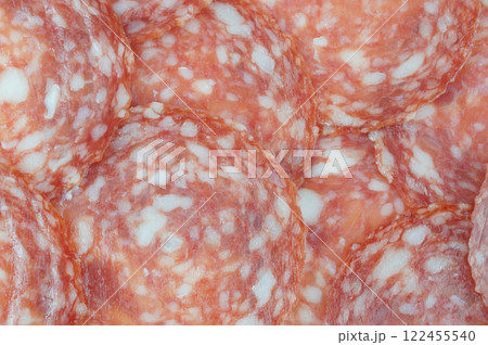 Sausage background texture, pattern from sausage slices Sausage background texture, pattern from sausage slices 122455540