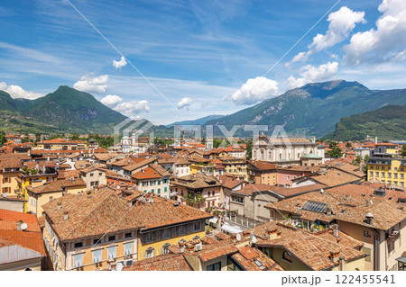 Riva del Garda, top view of town on the shores of Lake Garda with mountains in background, Italy, Europe. Riva del Garda, top view of town on the shores of Lake Garda with mountains in background, Italy, Europe. 122455541