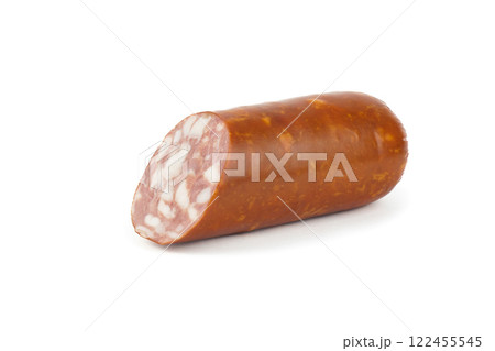 Piece of salami smoked sausage, isolated on white background Piece of salami smoked sausage, isolated on white background 122455545