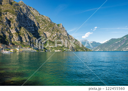 Lake Garda with mountains in background, view from Limone Sul Garda town, Italy, Europe. 122455560