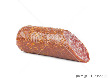 Piece of salami smoked sausage, isolated on white background Piece of salami smoked sausage, isolated on white background 122455580