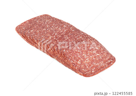Sausage boiled and smoked Servelat Grainy on a light background. 122455585