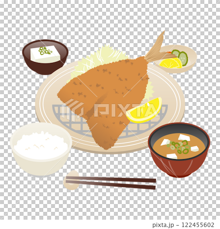 酥脆炸竹莢魚套餐和味噌湯的插圖 122455602