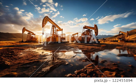 Oil production during sunset in a vast landscape with pump jacks 122455894