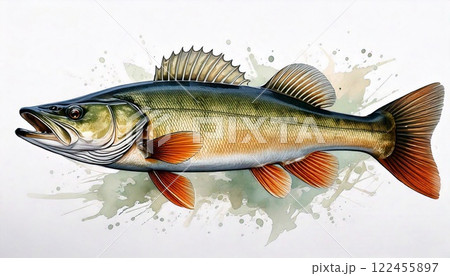 Pike perch fish watercolor on a white background showcasing vibrant colors and details Pike perch fish watercolor on a white background showcasing vibrant colors and details 122455897