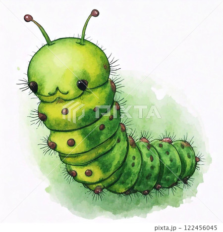 Watercolor illustration of a cute green caterpillar on a white background 122456045