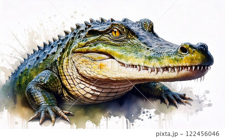 Watercolor crocodile with detailed scales and vibrant coloring on a plain white backdrop 122456046