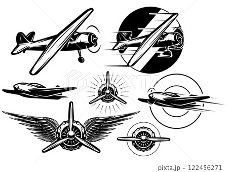 retro pattern set of monochrome planes, badges, design elements retro pattern set of monochrome planes, badges, design elements 122456271