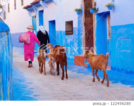 Blue Streets Of Chefchaouen In Morocco: A Serene And Picturesque Alleyway With Souvenirs For Sale 122456280