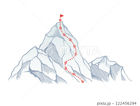 Mountain climbing route to top rock with red flag on peak. Business journey path in progress, way to success or concept of goal. Vector illustration Mountain climbing route to top rock with red flag on peak. Business journey path in progress, way to success or concept of goal. Vector illustration 122456294