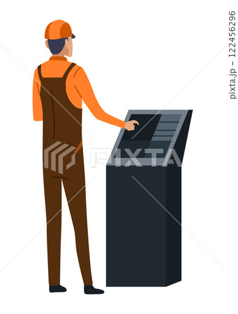 Metallurgy industry worker. Steel industry banner symbol. Industrial equipment for casting metal. Cartoon flat vector illustration Metallurgy industry worker. Steel industry banner symbol. Industrial equipment for casting metal. Cartoon flat vector illustration 122456296