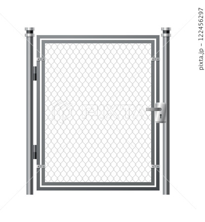Metal wire fence and gate. Chain-link fence fragment with metallic pillars. Secured territory, protected area or prison fencing. Wire grid construction Metal wire fence and gate. Chain-link fence fragment with metallic pillars. Secured territory, protected area or prison fencing. Wire grid construction 122456297