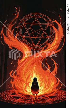 The birth of a demon from fire in the forest in cartoon style. Halloween 122456743