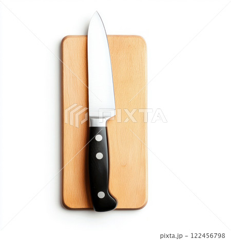 A sharp kitchen knife resting on a wooden cutting board. isolated on white background. 122456798