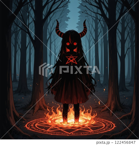 The birth of a demon from fire in the forest in cartoon style. Halloween The birth of a demon from fire in the forest in cartoon style. Halloween 122456847
