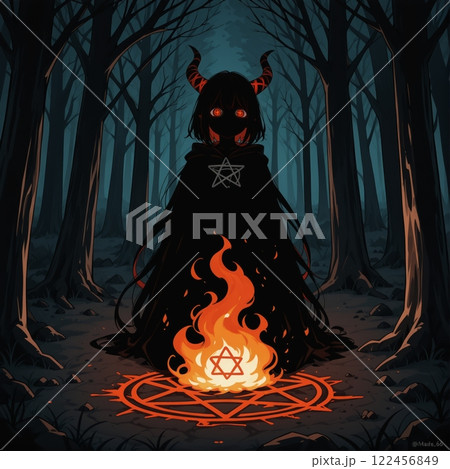 The birth of a demon from fire in the forest in cartoon style. Halloween The birth of a demon from fire in the forest in cartoon style. Halloween 122456849