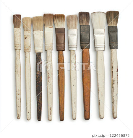 Collection of artist paintbrushes arranged in a line. isolated on white background. 122456873