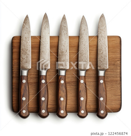 Collection of kitchen knives on a wooden cutting board. isolated on white background. 122456874