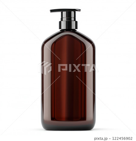 Elegant amber bottle with a pump for various liquid products. isolated on white background. Elegant amber bottle with a pump for various liquid products. isolated on white background. 122456902