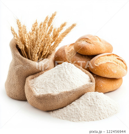 Fresh bread rolls, flour, and wheat sheaves in burlap sacks. isolated on white background. 122456944