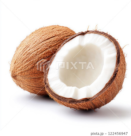 Fresh coconut cut in half, showcasing creamy white interior. isolated on white background. 122456947