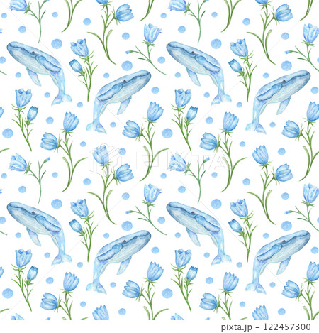 Marine life seamless pattern of whales and flowers in watercolor. Floral pattern and sea animals delicate watercolor background. Print for textiles, clothes, children's room, wallpaper, backgrounds. 122457300