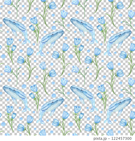Marine life seamless pattern of whales and flowers in watercolor. Floral pattern and sea animals delicate watercolor background. Print for textiles, clothes, children's room, wallpaper, backgrounds. 122457300