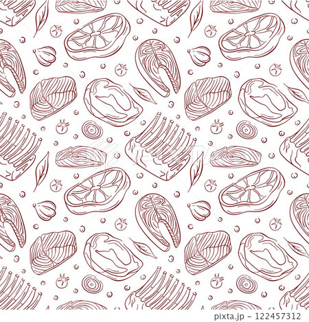 Seamless pattern with line art style meat cut and fish steak, vegetables and herb. Perfect for food design for packaging, restaurant menu and culinary project. 122457312