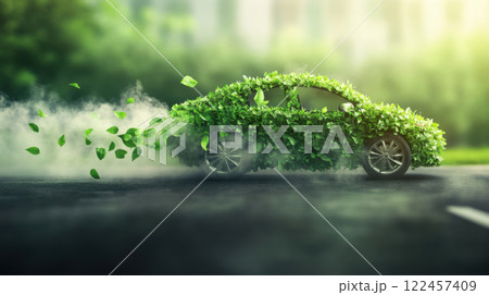 Car covered in green leaves emits eco friendly energy on road Car covered in green leaves emits eco friendly energy on road 122457409