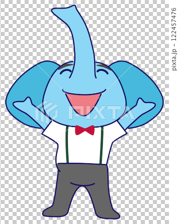 両手を広げ、笑顔で直立するゾウのキャラクターのイラスト 122457476