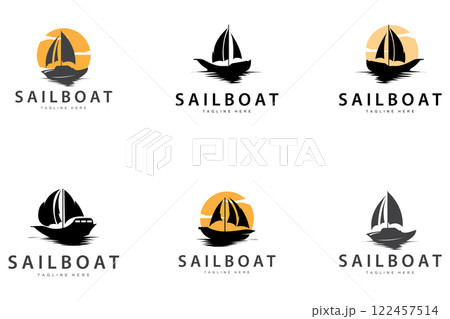 Simple fishing boat sailboat logo simple design black silhouette ship marine illustration template 122457514