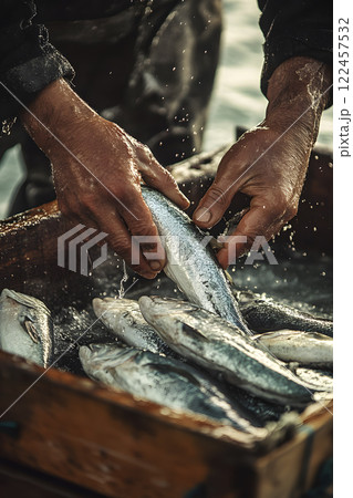 fisherman on board sorting the fish, generative AI fisherman on board sorting the fish, generative AI 122457532