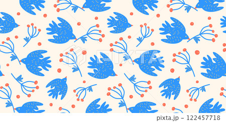 Seamless pattern with hand-drawn birds and tree branches. Pigeons and rowan berries vector pattern. Retro ornament in Scandinavian style. 122457718