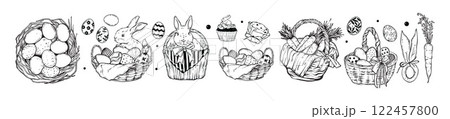 Easter holiday basket set, vector hand drawn spring celebration doodle, cute rabbit, painted eggs.  122457800
