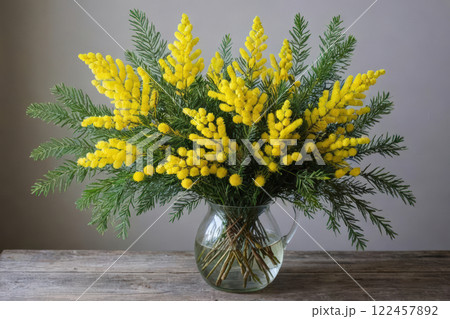Bouquet of mimosa flowers in a vase on blue background, spring background 122457892