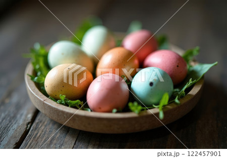 Easter Colorful Eggs In Plate On Leaves Greens On Wooden Table, Christian Religious Holiday 122457901