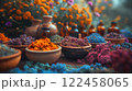 Wooden Bowls Filled With Colorful Dried Herbs And Flowers Surrounded By Essential Oil Bottles And Fresh Botanicals In A Rustic Apothecary Setting 122458065