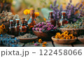 Wooden Bowls Filled With Colorful Dried Herbs And Flowers Surrounded By Essential Oil Bottles And Fresh Botanicals In A Rustic Apothecary Setting 122458066