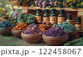 Wooden Bowls Filled With Colorful Dried Herbs And Flowers Surrounded By Essential Oil Bottles And Fresh Botanicals In A Rustic Apothecary Setting 122458067
