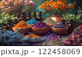 Wooden Bowls Filled With Colorful Dried Herbs And Flowers Surrounded By Essential Oil Bottles And Fresh Botanicals In A Rustic Apothecary Setting 122458069