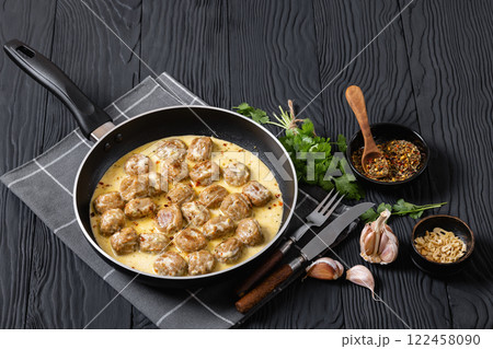 Ground poultry meatballs in a white cream gravy Ground poultry meatballs in a white cream gravy 122458090